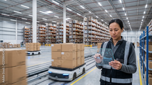 Warehouse manager using digital tablet checking inventory in logistics distribution center
