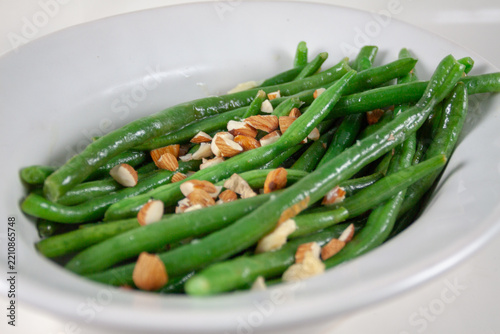 Green Beans Almondine in a White Ceramic Bowl