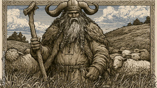 Slavic God Veles as Protector of Cattle and Sheep  Illustration
