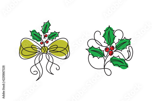 Holly illustration in vector line art drawing style for Christmas decoration