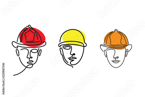 People with work helmets illustration in vector line art style