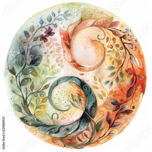 Watercolor illustration of a circular design featuring harmonious life symbols with swirling leaves and floral elements in vibrant colors and intricate details