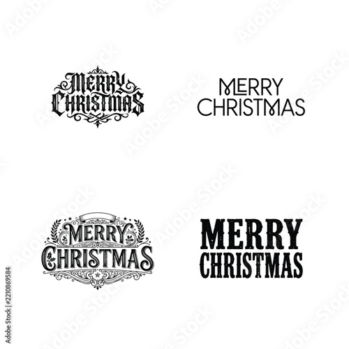 A collection of four distinct hand lettered 'merry christmas' text designs with a rustic aesthetic