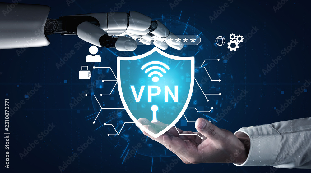 Fototapeta premium Hand of Technology and Artificial Intelligence Reaching Out to Connect with Virtual Private Network Concept in Cybersecurity Environment Haptic.