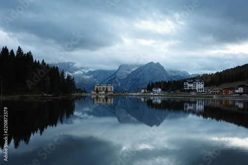 Lago di Misurina with Dolomite Mountains Reflected in Calm Water Italy