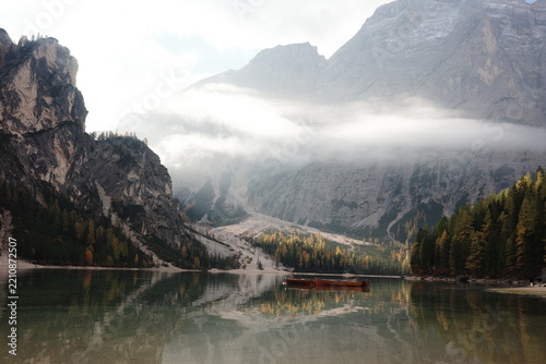 Lago di Braies with Dramatic Dolomite Mountains in South Tyrol Italy