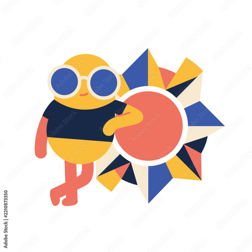 Fototapeta premium Friendly Yellow Cartoon Character Leaning on Geometric Sun Icon