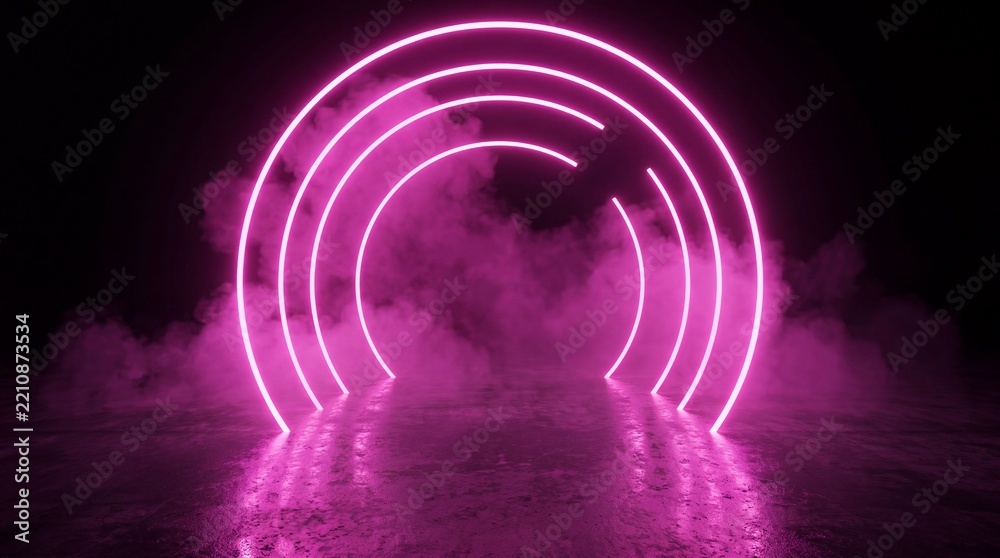 Fototapeta premium Glowing pink circular neon portal with dense smoke on a dark reflective ground for creative design.