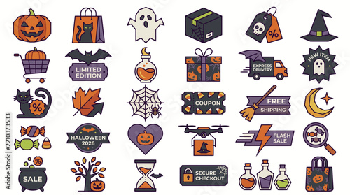Halloween Shopping and Sale Flat Vector Icon Set Featuring Pumpkins Ghosts Bats and Spooky Badges for Seasonal Promotions and Marketing