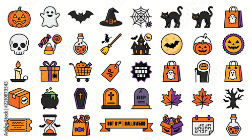 Halloween vector icon collection featuring spooky autumn holiday symbols