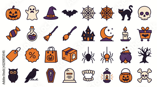 Comprehensive collection of Halloween vector icons including scary ghosts pumpkins witches and spooky creatures for seasonal holiday decorations