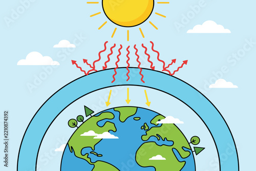 Sunlight rays hitting the earth atmosphere and reflecting into outer space