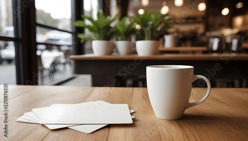 Blank White Business Cards Beside Coffee Mug On Wooden Table In Cafe