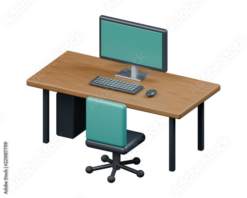 Office Workstation Desk with Computer 3D Furniture Scene - Right Angle