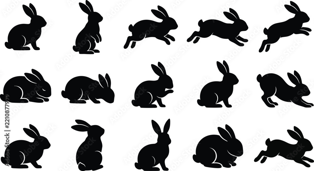 Obraz premium Assorted black rabbit silhouettes showing diverse poses including jumping, sitting, and running isolated on a plain white background area