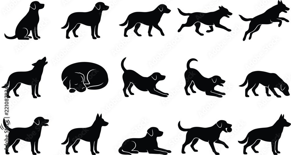 Fototapeta premium Collection of fifteen black dog silhouettes in various poses including sitting, standing, walking, running, jumping, and sleeping on white