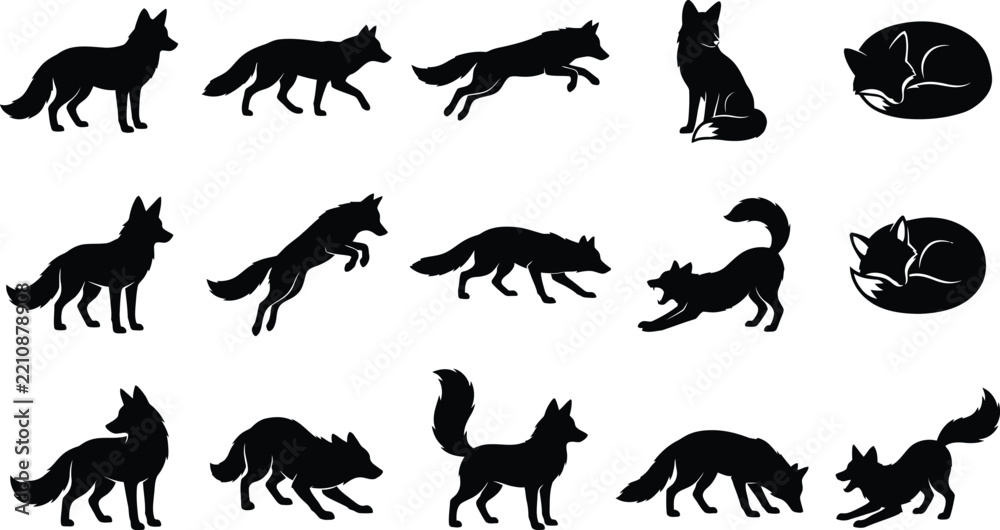Obraz premium Fifteen black fox silhouettes depicting various poses including walking, running, jumping, sitting, and sleeping on white background