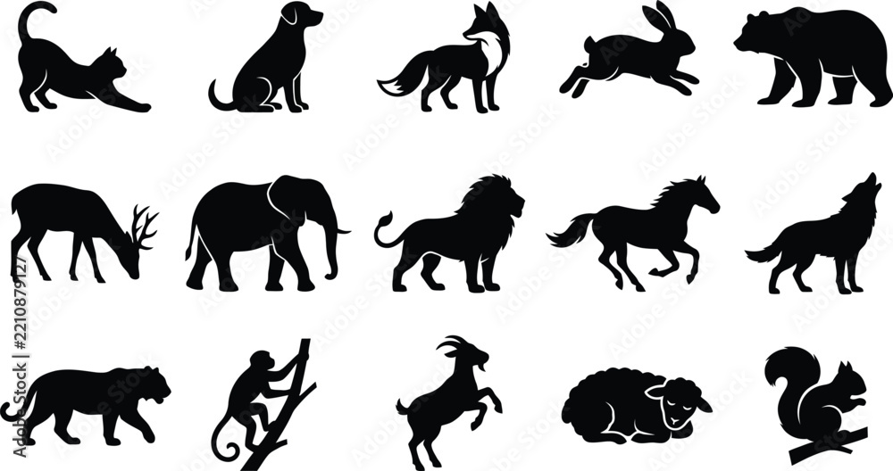 Obraz premium Set of fifteen black animal silhouettes featuring a cat, dog, fox, rabbit, bear, deer, elephant, lion, horse, wolf, tiger, monkey, goat, sheep, and