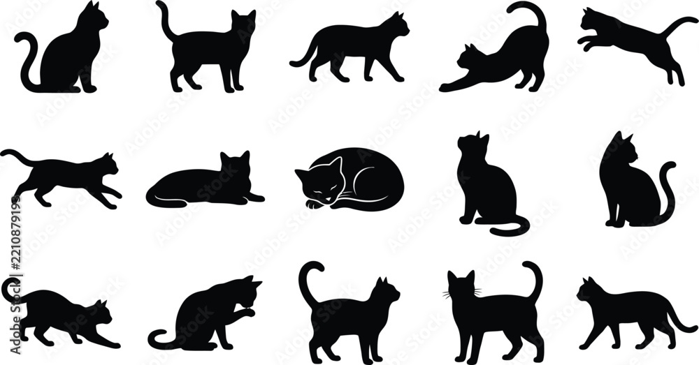 Obraz premium Set of fifteen black cat silhouettes showing different poses like sitting, walking, stretching, sleeping, and jumping, organized in a grid on a