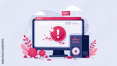 Computer error warning with system hardware representing technical failure cybersecurity risk and digital troubleshooting