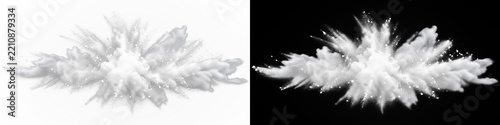 Dense white powder explosion cloud on transparent background. Billowy atmospheric flour dust blast with fine gaseous particles. Dry powder smoke impact creates dynamic cinematic effect.