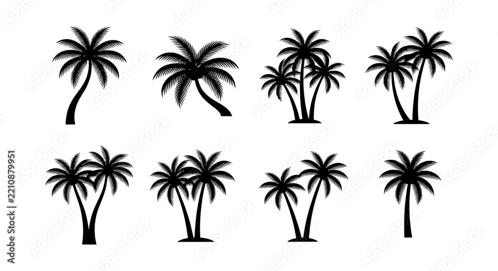Naklejka premium Multiple black silhouette palm trees are displayed on a plain white background for tropical themes.