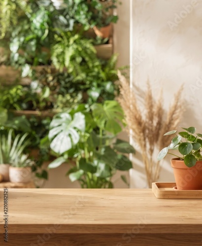 Wooden Table With Potted Plants And Dried Grass In A Bright Indoor Setting For Product Photography