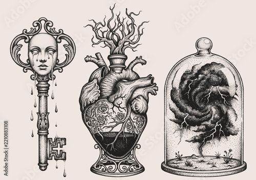 Surreal Gothic Illustration Set: Crying Face Key, Anatomical Heart Bottle and Storm Under Glass Dome Vintage Halftone Stippling Style