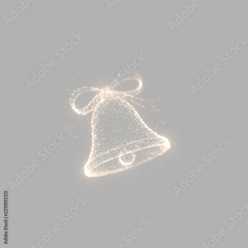 Sparkling Christmas bell made of glowing golden particles. Holiday bell with ribbon bow light effect on transparent background. Festive glowing glitter decoration.