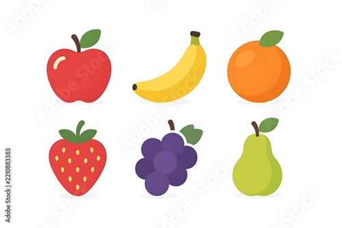Cartoon style illustration of six fresh fruits including apple banana orange