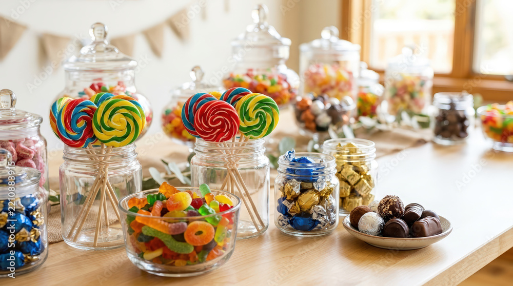 Fototapeta premium Candy buffet table with glass jars filled with colorful sweets. Assortment of lollipops gummy candies and chocolates for a party celebration. Festive dessert bar setup