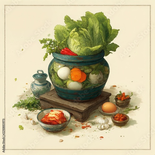 kimchi fermentation illustration with cabbage, radishes, peppers, garlic, spices, ceramic crock, bowl, and surrounding ingredients in a stylized food still life