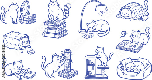 Cat vector graphics collection showing cute kittens sleeping under blankets, reading books, scratching posts, and playing with fish toys.