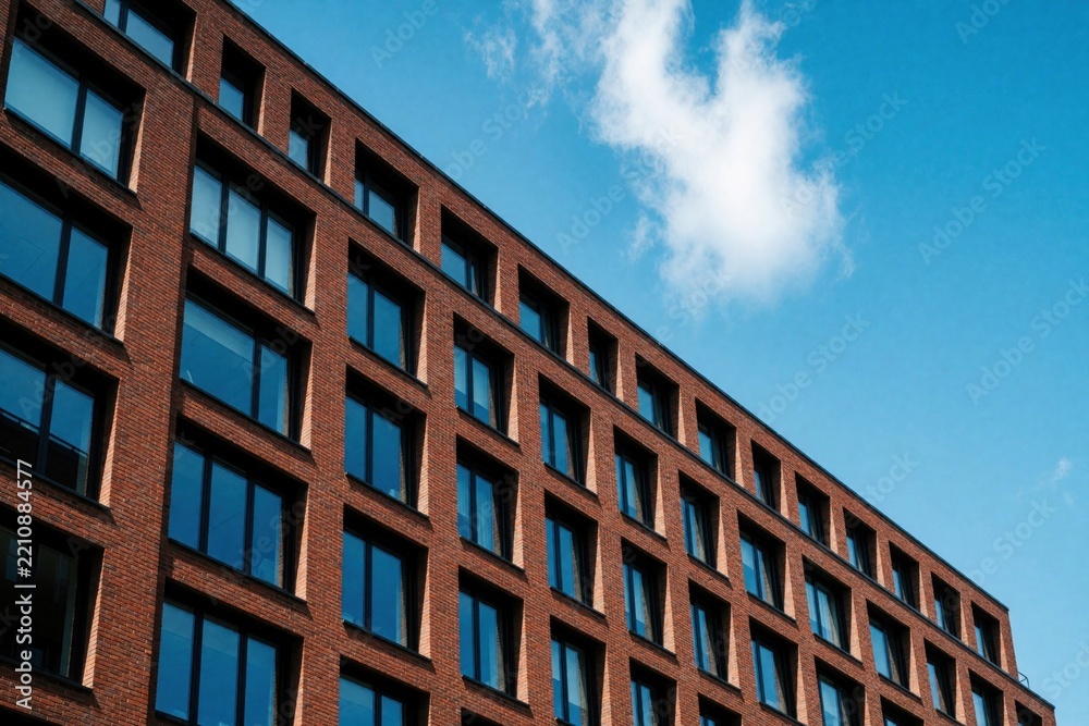 Fototapeta premium Low angle view of red brick apartment building against blue sky with white clouds. Modern urban architecture features many large glass windows, rectangular facade. Residential block office tower