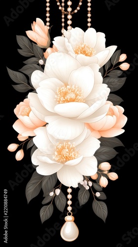 Elegant White and Peach Floral Arrangement with Pearls on Black Background