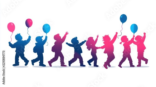 Joyful Children Silhouettes Celebrating with Balloons on a Bright Day of Happiness and Fun