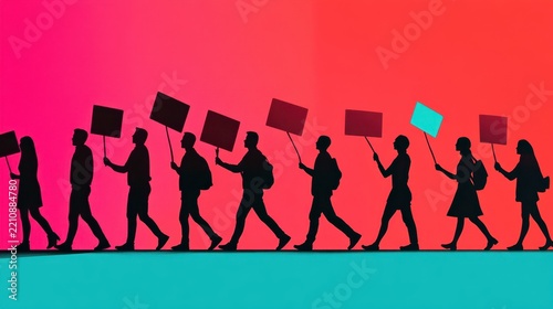 Diverse Group of Demonstrators Silhouetted Against a Vibrant Background in Protest