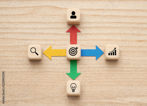 Wooden blocks with business icons and colored arrows pointing to a central target