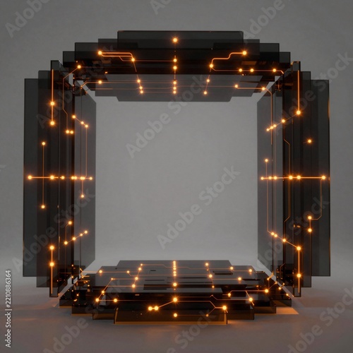 rendering square shaped structure black panels orange lights panels arranged grid like pattern creating sense depth dimension lights connected thin orange lines creating abstract futuristic look