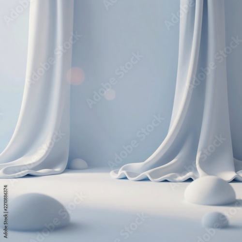 rendering stage two white curtains either side curtains flowing wind creating sense movement energy background light blue color floor white marble foreground three white spheres scattered across