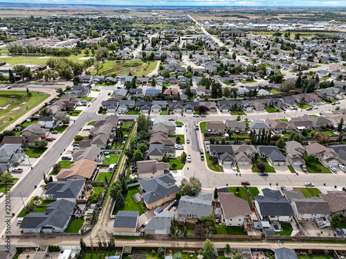 High-angle shot of suburban Warman, showing orderly residential layout