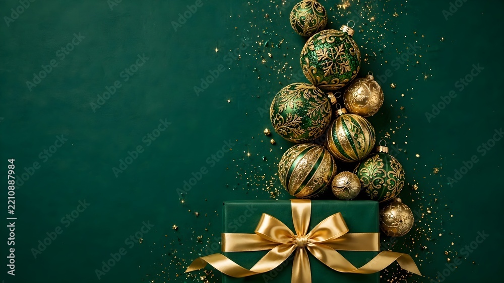 Fototapeta premium A pile of elegant dark green and gold Christmas ornaments cascading over a teal gift box tied with a golden ribbon, set against a deep green background with glitter.