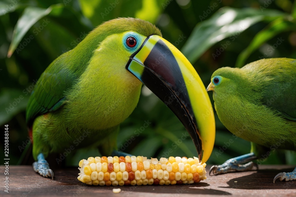 Fototapeta premium Green emerald toucan eats corn cob on wooden surface. Exotic tropical bird with large colorful beak feeds near small green bird. Two avian animals forage for food in rainforest jungle. Close up