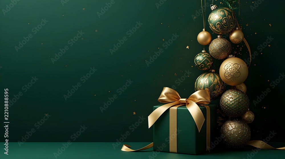 Fototapeta premium A pile of elegant dark green and gold Christmas ornaments cascading over a teal gift box tied with a golden ribbon, set against a deep green background with glitter.