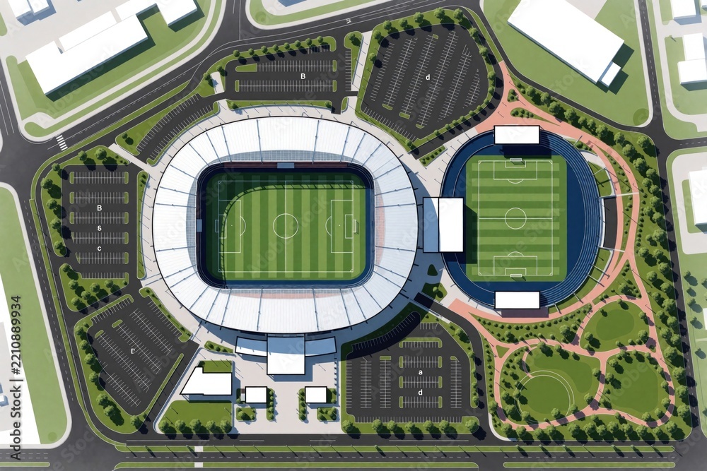 Obraz premium Aerial view of sports complex master plan. Modern stadium with soccer pitch, running track beside park area. Site map shows parking lots, roads, green landscaping, walking paths. Architectural
