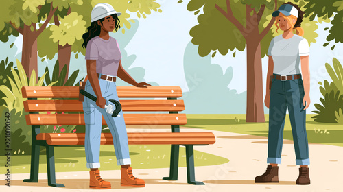 Two Adults with Hand Tool Beside a Wooden Park Bench