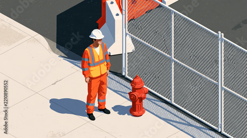 Worker Beside Fire Hydrant and Temporary Fence