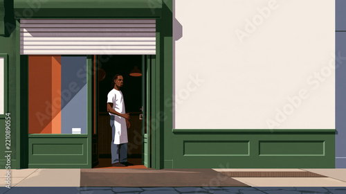 Person in Green Storefront Doorway Beside Blank Wall
