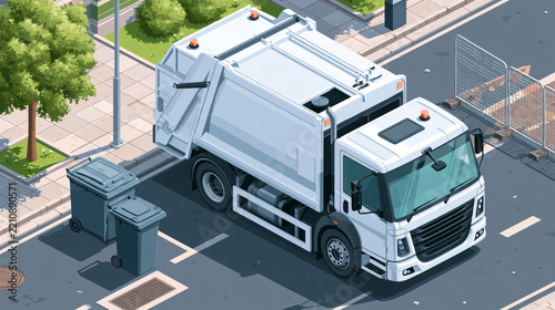 Refuse Truck Beside Bins Near Fenced Roadwork
