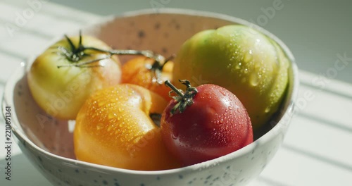 Yellow, green and red tomato in a light blue speckled bowl. Tomatoes sprinkled with water. Agricultural industry and farming.